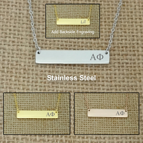 Sorority Bar Necklace Alpha Phi Horizontal Bar Necklace Stainless Steel