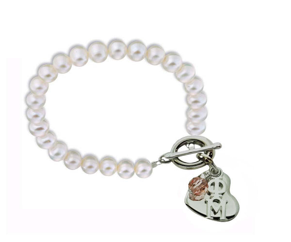Phi Mu Pearl Sorority Bracelet with Heart and Swarovski Crystal
