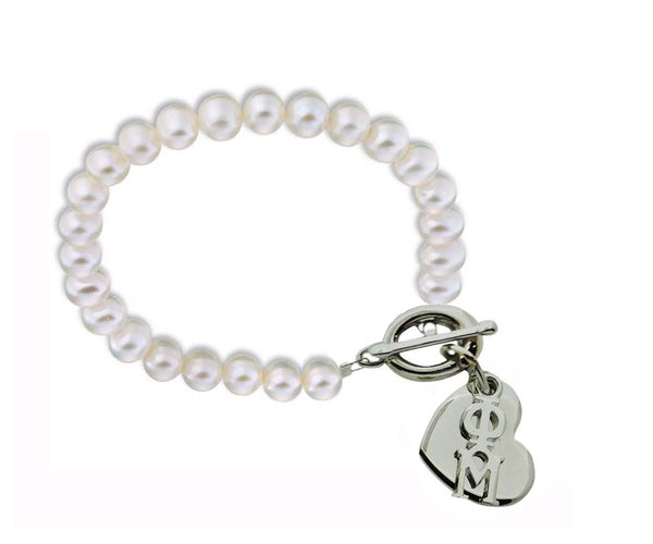 Phi Mu Pearl Sorority Bracelet with Heart on Toggle Clasp