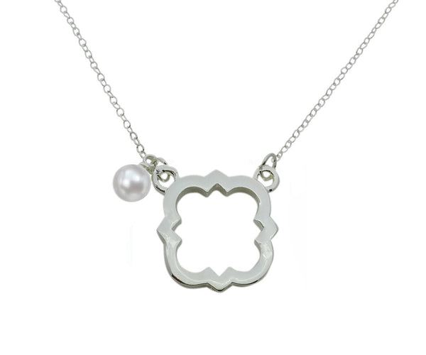 Phi Mu Quatrefoil Floating Sorority Lavalier Necklace with Pearl
